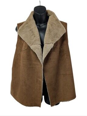Relativity Women's Brown/Beige Lined Open Front Vest Size L Faux Fur Accents